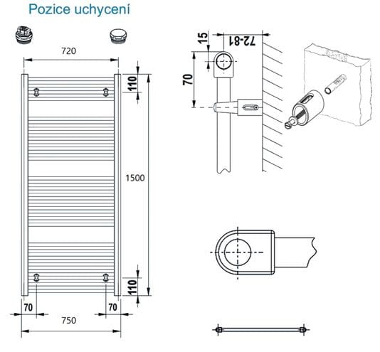 CONCEPT 100 KTK kúpeľňový radiátor 1500/750, bočné pripojenie, biela RAL9016 KTK-150075-11-10 Technický nákres