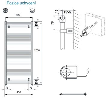 CONCEPT 100 KTK kúpeľňový radiátor 1700/450, bočné pripojenie, biela RAL9016 KTK-170045-11-10 Technický nákres