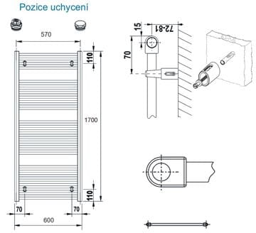 CONCEPT 100 KTK kúpeľňový radiátor 1700/600, bočné pripojenie, biela RAL9016 KTK-170060-11-10 Technický nákres