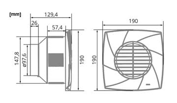 CATA CB-100 PLUS T radiálny ventilátor 97,6 mm, nástenný/stropný, s časovačom a spätnou klapkou 00841000 Technický nákres