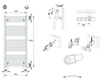 CONCEPT 100 KTO kúpeľňový radiátor 1500/600, bočné pripojenie, biela RAL9016 KTO-150060-11-10 Technický nákres
