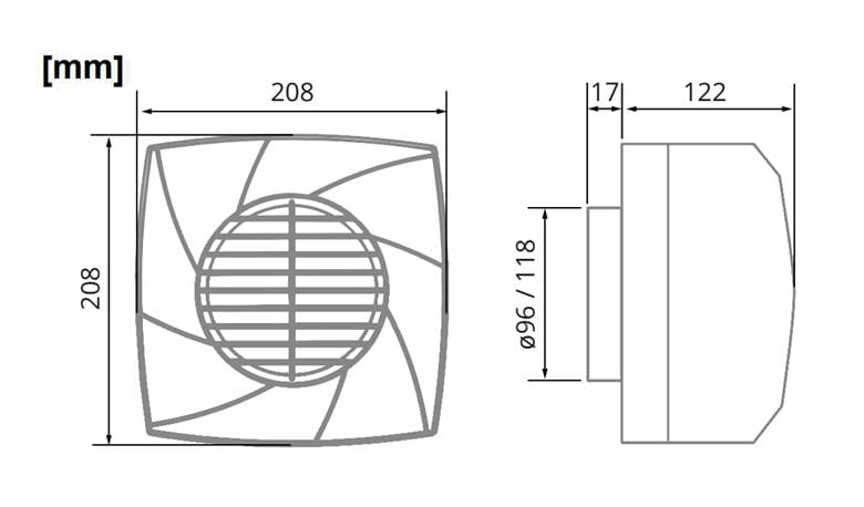 CATA CB-250 PLUS radiálny ventilátor 96 mm, nástenný/stropný, so spätnou klapkou 00850000 Technický nákres