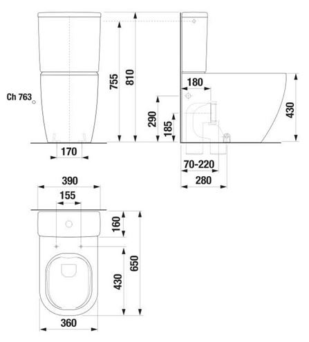 JIKA MIO-N WC kombi misa, Rimless splachovanie, vario odpad H8267160002311 Technický nákres