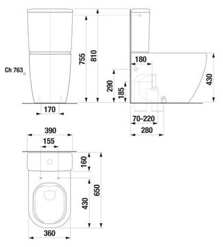 JIKA MIO-N WC kombi misa, Rimless splachovanie, vario odpad H8267160002311 Technický nákres