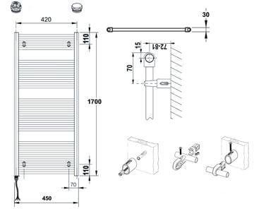 CONCEPT 100 KTKE kúpeľňový radiátor 1700/450, elektrický, s vykurovacou tyčou, biela RAL9016 KTK-170045-11E10 Technický nákres