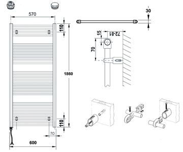 CONCEPT 100 KTKE kúpeľňový radiátor 1860/600, elektrický, s vykurovacou tyčou, biela RAL9016 KTK-186060-11E10 Technický nákres