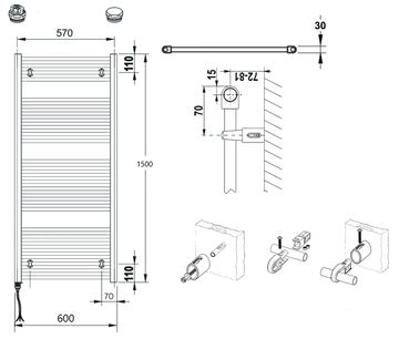 CONCEPT 100 KTKE kúpeľňový radiátor 1500/600, elektrický, s vykurovacou tyčou, biela RAL9016 KTK-150060-11E10 Technický nákres