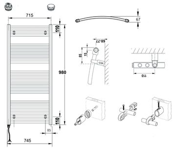 CONCEPT 100 KTOE kúpeľňový radiátor 980/750, elektrický, s vykurovacou tyčou, biela RAL9016 KTO-098075-11E10 Technický nákres