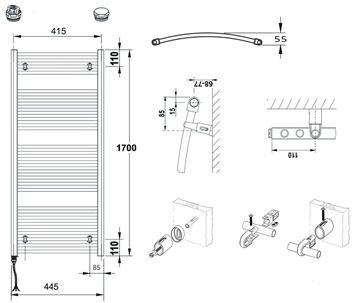 CONCEPT 100 KTOE kúpeľňový radiátor 1700/450, elektrický, s vykurovacou tyčou, biela RAL9016 KTO-170045-11E10 Technický nákres