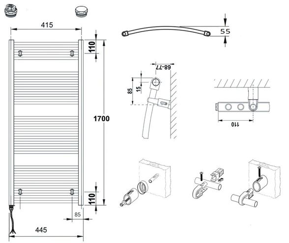 CONCEPT 100 KTOE kúpeľňový radiátor 1700/450, elektrický, s vykurovacou tyčou, biela RAL9016 KTO-170045-11E10 Technický nákres