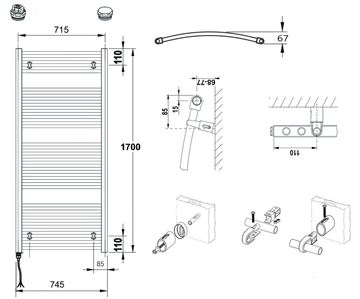 CONCEPT 100 KTOE kúpeľňový radiátor 1700/750, elektrický, s vykurovacou tyčou, biela RAL9016 KTO-170075-11E10 Technický nákres