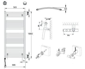 CONCEPT 100 KTOE kúpeľňový radiátor 1860/600, elektrický, s vykurovacou tyčou, biela RAL9016 KTO-186060-11E10 Technický nákres