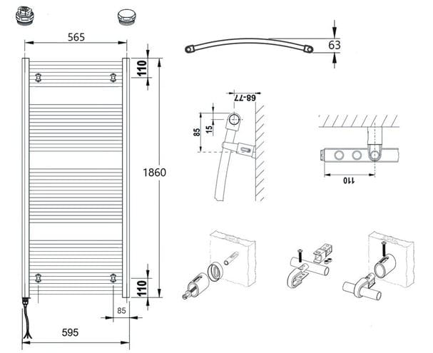 CONCEPT 100 KTOE kúpeľňový radiátor 1860/600, elektrický, s vykurovacou tyčou, biela RAL9016 KTO-186060-11E10 Technický nákres