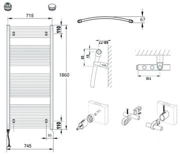 CONCEPT 100 KTOE kúpeľňový radiátor 1860/750, elektrický, s vykurovacou tyčou, biela RAL9016 KTO-186075-11E10 Technický nákres