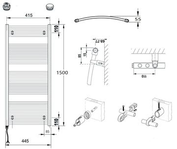 CONCEPT 100 KTOE kúpeľňový radiátor 1500/450, elektrický, s vykurovacou tyčou, biela RAL9016 KTO-150045-11E10 Technický nákres