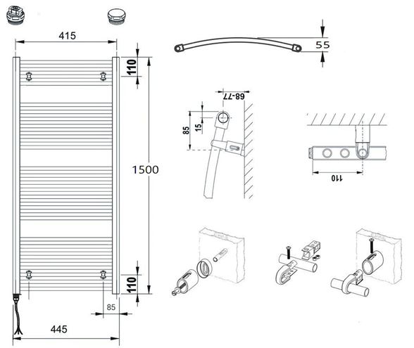 CONCEPT 100 KTOE kúpeľňový radiátor 1500/450, elektrický, s vykurovacou tyčou, biela RAL9016 KTO-150045-11E10 Technický nákres