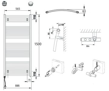 CONCEPT 100 KTOE kúpeľňový radiátor 1500/600, elektrický, s vykurovacou tyčou, biela RAL9016 KTO-150060-11E10 Technický nákres
