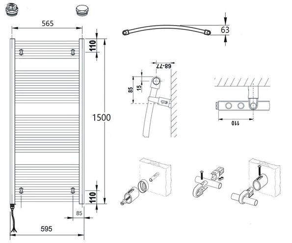 CONCEPT 100 KTOE kúpeľňový radiátor 1500/600, elektrický, s vykurovacou tyčou, biela RAL9016 KTO-150060-11E10 Technický nákres