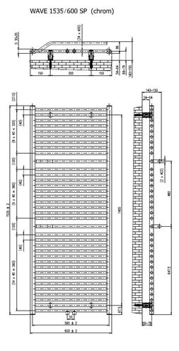 CONCEPT 200 WAVE kúpeľňový radiátor 600/1535, stredové pripojenie, matná biela RAL9016 DAVS15350600SM055006 Technický nákres