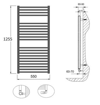 CONCEPT 200 VIOLA kúpeľňový radiátor 1255/550, bočné pripojenie, pieskovec štruktúra S13 CVL12550550SK725003 Technický nákres