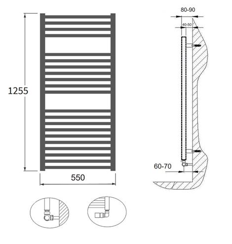CONCEPT 200 VIOLA kúpeľňový radiátor 1255/550, bočné pripojenie, pieskovec štruktúra S13 CVL12550550SK725003 Technický nákres