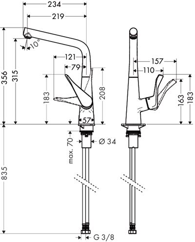 HANSGROHE METRIS M71 drezová batéria, nerez 14822800 Technický nákres