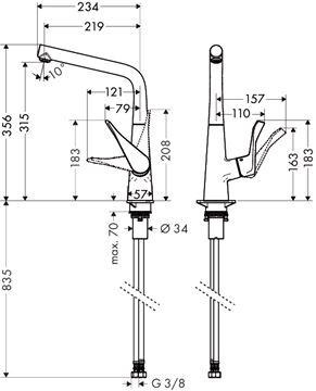 HANSGROHE METRIS M71 drezová batéria, nerez 14822800 Technický nákres