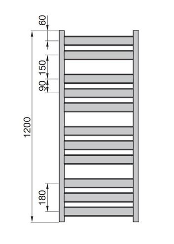 ZEHNDER ZETA kúpeľňový radiátor 1200/500, bočné pripojenie, matná čierna 9205 ZET-120-050-9205 Technický nákres
