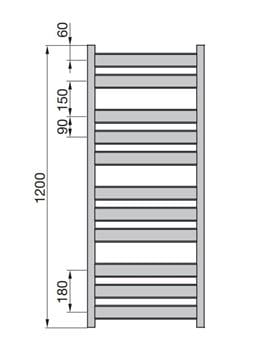ZEHNDER ZETA kúpeľňový radiátor 1200/600, bočné pripojenie, biela RAL9016 ZET-120-060-9016 Technický nákres
