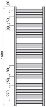 ZEHNDER ZETA kúpeľňový radiátor 1600/600, bočné pripojenie, čierna RAL9005 ZET-160-060-9205 Technický nákres