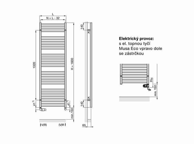 ZEHNDER ZETA kúpeľňový radiátor 1674/600, elektrický, s vykurovacou tyčou, čierna RAL9005 ZETBE-160-060/MQ Technický nákres