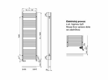 ZEHNDER ZETA kúpeľňový radiátor 1674/600, elektrický, s vykurovacou tyčou, čierna RAL9005 ZETBE-160-060/MQ Technický nákres