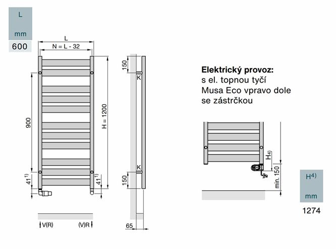 ZEHNDER ZETA kúpeľňový radiátor 1274/600, elektrický, s vykurovacou tyčou, biela RAL9016 ZETE-120-060/MQ Technický nákres