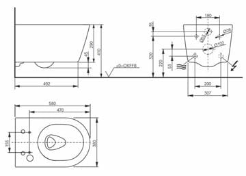 CONCEPT 300 závesné WC pre bidetové sedadlo TOTO WASHLET RW, Tornado Flush splachovanie 542ERY-OPT-MW-R Technický nákres