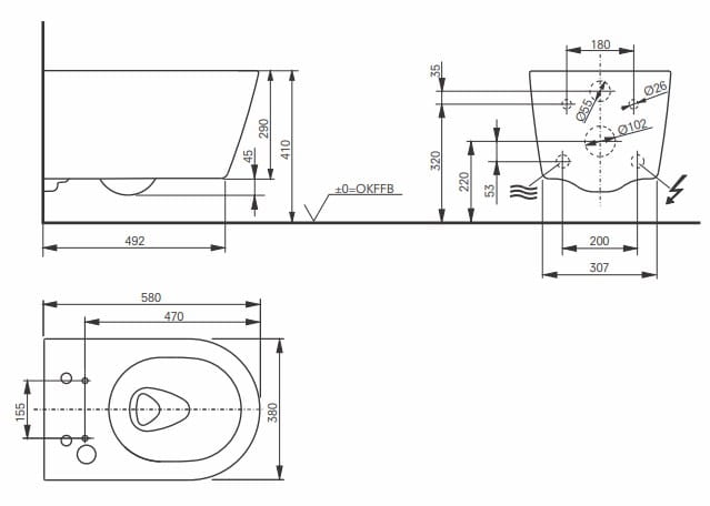 CONCEPT 300 závesné WC pre bidetové sedadlo TOTO WASHLET RW, Tornado Flush splachovanie 542ERY-OPT-MW-R Technický nákres