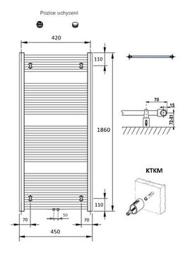 CONCEPT 100 KTKM kúpeľňový radiátor 1860/450, stredové pripojenie, biela RAL9016 KTK-186045-11M10 Technický nákres