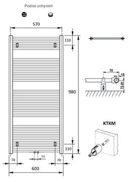 CONCEPT 100 KTKM kúpeľňový radiátor 980/600, stredové pripojenie, biela RAL9016 KTK-098060-11M10 Technický nákres