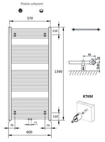 CONCEPT 100 KTKM kúpeľňový radiátor 1340/600, stredové pripojenie, biela RAL9016 KTK-134060-11M10 Technický nákres