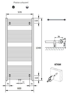CONCEPT 100 KTKM kúpeľňový radiátor 1340/600, stredové pripojenie, biela RAL9016 KTK-134060-11M10 Technický nákres