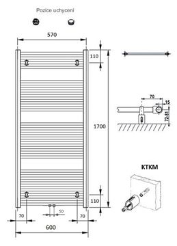 CONCEPT 100 KTKM kúpeľňový radiátor 1700/600, stredové pripojenie, biela RAL9016 KTK-170060-11M10 Technický nákres