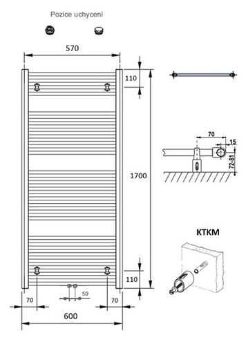 CONCEPT 100 KTKM kúpeľňový radiátor 1700/600, stredové pripojenie, biela RAL9016 KTK-170060-11M10 Technický nákres