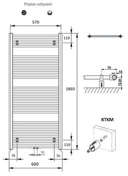 CONCEPT 100 KTKM kúpeľňový radiátor 1860/600, stredové pripojenie, biela RAL9016 KTK-186060-11M10 Technický nákres