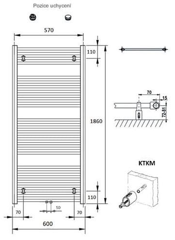 CONCEPT 100 KTKM kúpeľňový radiátor 1860/600, stredové pripojenie, biela RAL9016 KTK-186060-11M10 Technický nákres