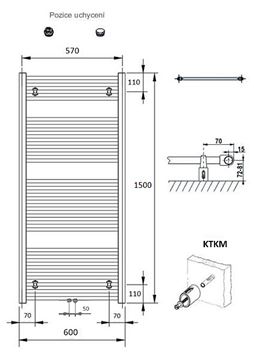 CONCEPT 100 KTKM kúpeľňový radiátor 1500/600, stredové pripojenie, biela RAL9016 KTK-150060-11M10 Technický nákres