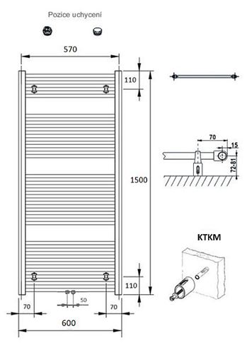 CONCEPT 100 KTKM kúpeľňový radiátor 1500/600, stredové pripojenie, biela RAL9016 KTK-150060-11M10 Technický nákres