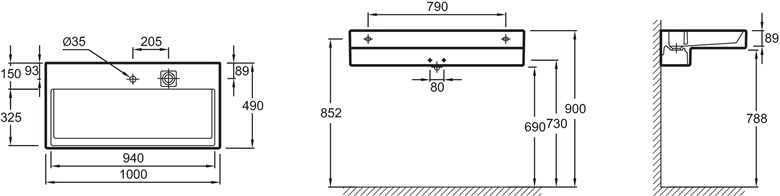 KOHLER TERRACE klasické umývadlo 1200x490mm, s otvorom, s LED osvetlením, white XC9112K-00 Technický nákres