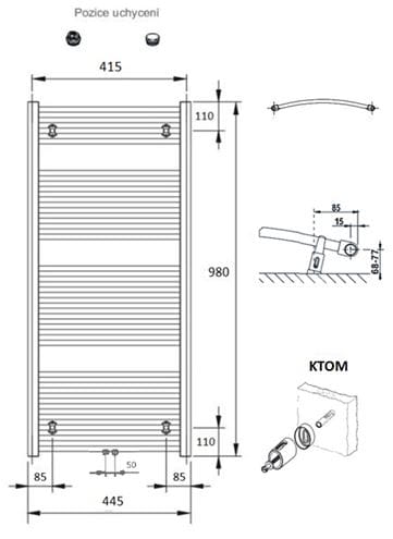 CONCEPT 100 KTOM kúpeľňový radiátor 980/450, stredové pripojenie, biela RAL9016 KTO-098045-11M10 Technický nákres