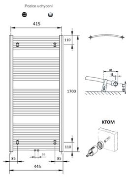 CONCEPT 100 KTOM kúpeľňový radiátor 1700/450, stredové pripojenie, biela RAL9016 KTO-170045-11M10 Technický nákres
