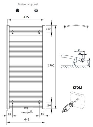 CONCEPT 100 KTOM kúpeľňový radiátor 1700/450, stredové pripojenie, biela RAL9016 KTO-170045-11M10 Technický nákres