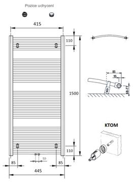 CONCEPT 100 KTOM kúpeľňový radiátor 1500/450, stredové pripojenie, biela RAL9016 KTO-150045-11M10 Technický nákres